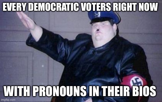 fat nazi | EVERY DEMOCRATIC VOTERS RIGHT NOW; WITH PRONOUNS IN THEIR BIOS | image tagged in fat nazi,democrats,joe biden,israel,palestine | made w/ Imgflip meme maker