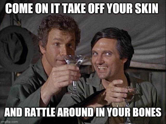 Come on in and take off your skin | COME ON IT TAKE OFF YOUR SKIN; AND RATTLE AROUND IN YOUR BONES | image tagged in trapper john and hawkeye drink salute,funny memes | made w/ Imgflip meme maker