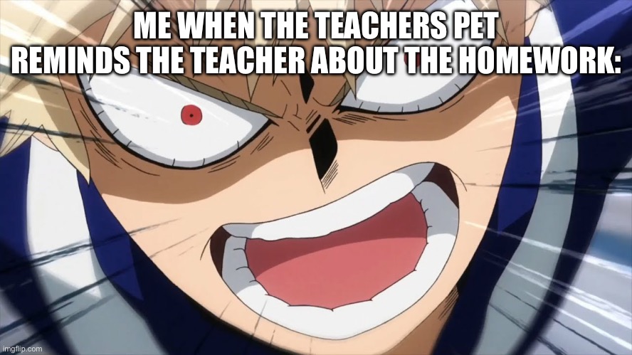 Bakugo meme | ME WHEN THE TEACHERS PET REMINDS THE TEACHER ABOUT THE HOMEWORK: | image tagged in bakugo screaming,mha,my hero academia,bakugo,katsuki bakugo | made w/ Imgflip meme maker