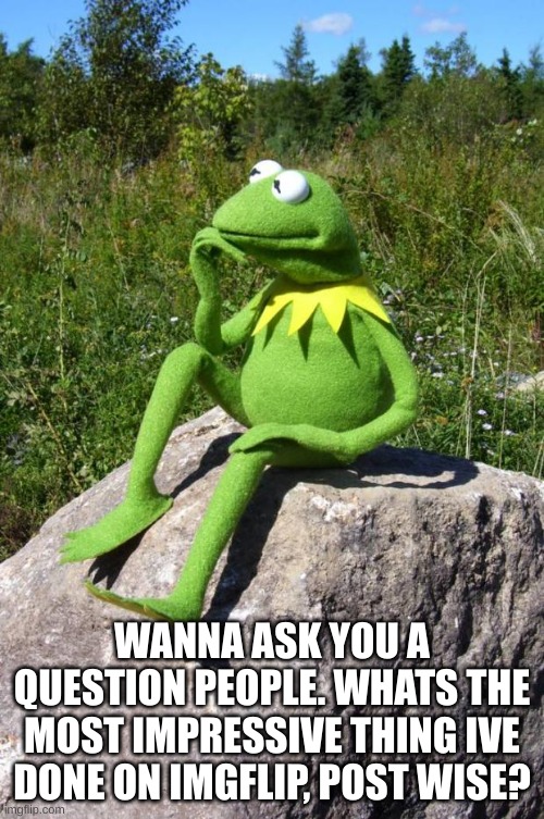 Kermit-thinking | WANNA ASK YOU A QUESTION PEOPLE. WHATS THE MOST IMPRESSIVE THING IVE DONE ON IMGFLIP, POST WISE? | image tagged in cartoon,question | made w/ Imgflip meme maker