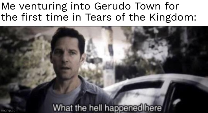 Like how can I just casually walk in if Link is man? | Me venturing into Gerudo Town for the first time in Tears of the Kingdom: | image tagged in what the hell happened here | made w/ Imgflip meme maker
