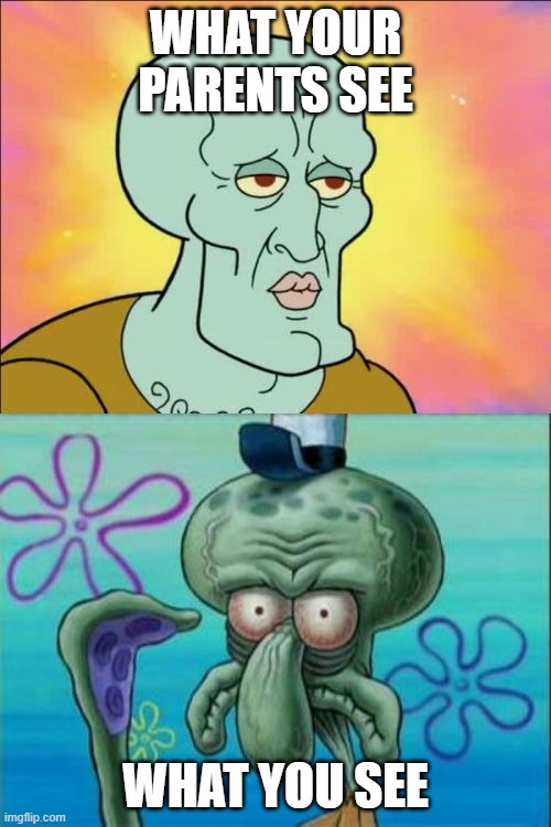 not lying | WHAT YOUR PARENTS SEE; WHAT YOU SEE | image tagged in memes,squidward | made w/ Imgflip meme maker