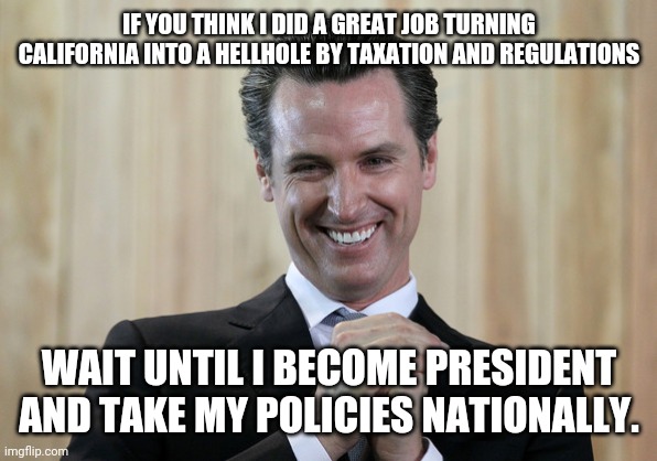 Scheming Gavin Newsom  | IF YOU THINK I DID A GREAT JOB TURNING CALIFORNIA INTO A HELLHOLE BY TAXATION AND REGULATIONS; WAIT UNTIL I BECOME PRESIDENT AND TAKE MY POLICIES NATIONALLY. | image tagged in scheming gavin newsom | made w/ Imgflip meme maker