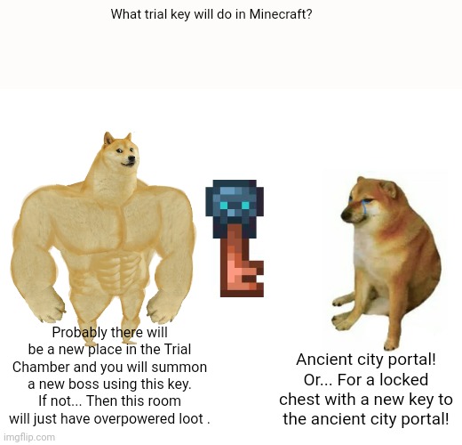 Get ready. | What trial key will do in Minecraft? Probably there will be a new place in the Trial Chamber and you will summon a new boss using this key.
If not... Then this room will just have overpowered loot . Ancient city portal!
Or... For a locked chest with a new key to the ancient city portal! | image tagged in memes,buff doge vs cheems | made w/ Imgflip meme maker