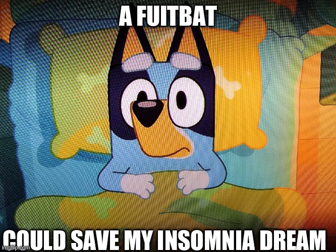 Bluey in bed | A FUITBAT; COULD SAVE MY INSOMNIA DREAM | image tagged in bluey in bed | made w/ Imgflip meme maker