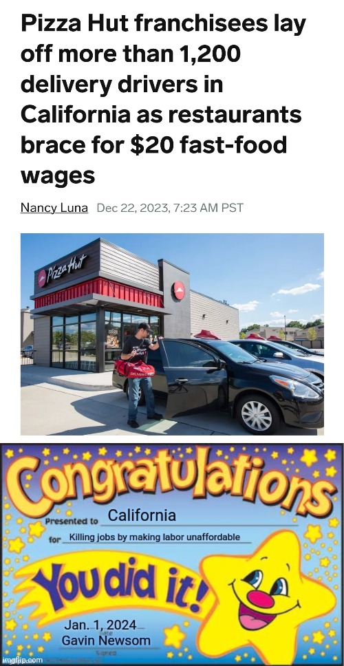 Congratulations California... You just killed affordable fast food. | image tagged in labor,minimum wage,inflation,jobs,unemployment | made w/ Imgflip meme maker