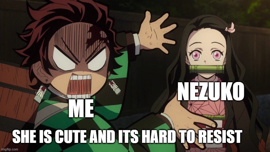 Nezuko is cute | NEZUKO; ME; SHE IS CUTE AND ITS HARD TO RESIST | image tagged in our nezuko | made w/ Imgflip meme maker