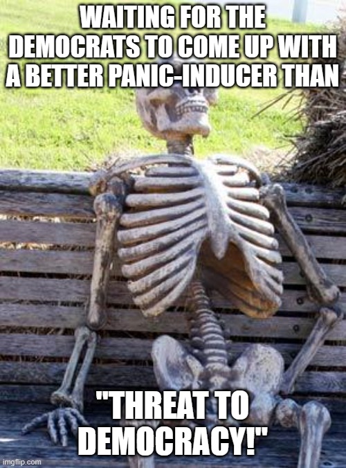 Waiting Skeleton | WAITING FOR THE DEMOCRATS TO COME UP WITH A BETTER PANIC-INDUCER THAN; "THREAT TO DEMOCRACY!" | image tagged in memes,waiting skeleton | made w/ Imgflip meme maker
