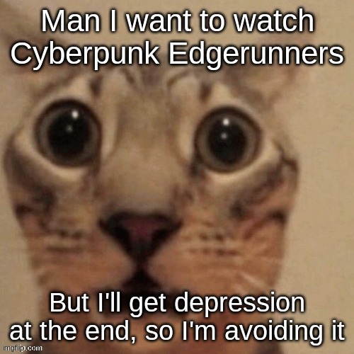 Yuh | Man I want to watch Cyberpunk Edgerunners; But I'll get depression at the end, so I'm avoiding it | image tagged in in shock | made w/ Imgflip meme maker