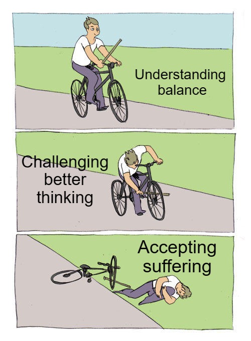 Buddha Brain | Understanding 
balance; Challenging
better
thinking; Accepting
suffering | image tagged in memes,bike fall | made w/ Imgflip meme maker