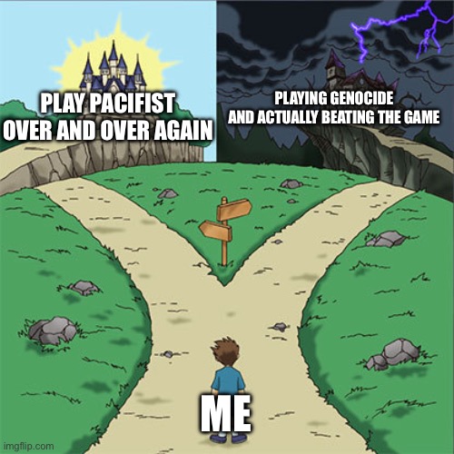 Only real Undertale fans will understand | PLAYING GENOCIDE AND ACTUALLY BEATING THE GAME; PLAY PACIFIST OVER AND OVER AGAIN; ME | image tagged in two paths | made w/ Imgflip meme maker