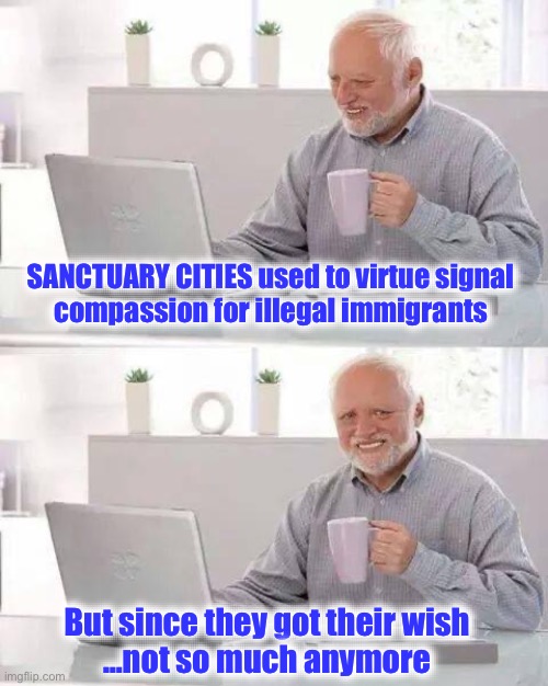 Thanks to Governors Abbott and DeSantis | SANCTUARY CITIES used to virtue signal 
compassion for illegal immigrants; But since they got their wish 
…not so much anymore | image tagged in memes,hide the pain harold | made w/ Imgflip meme maker