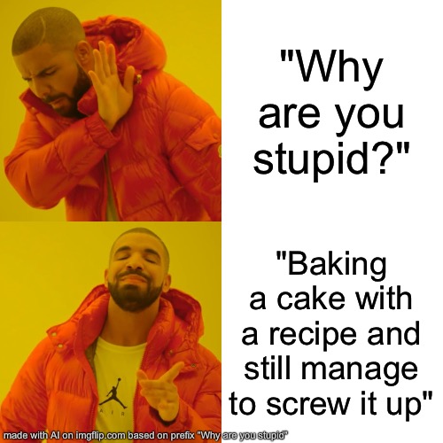 Drake Hotline Bling | "Why are you stupid?"; "Baking a cake with a recipe and still manage to screw it up" | image tagged in memes,drake hotline bling | made w/ Imgflip meme maker