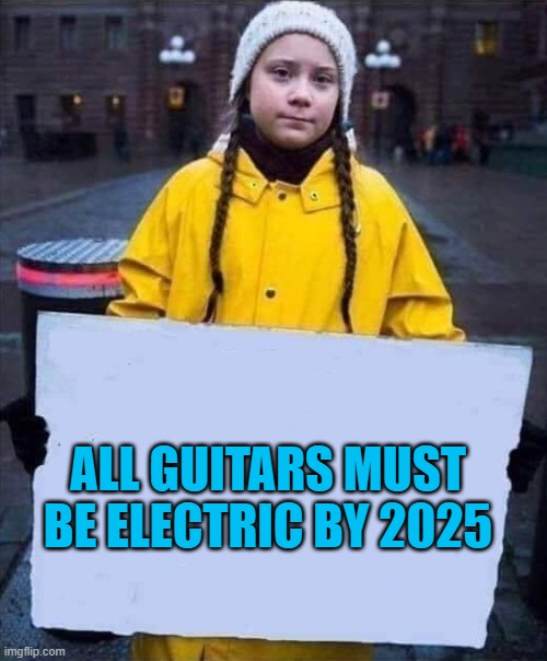 ALL GUITARS MUST BE ELECTRIC BY 2025 | ALL GUITARS MUST BE ELECTRIC BY 2025 | image tagged in greta | made w/ Imgflip meme maker
