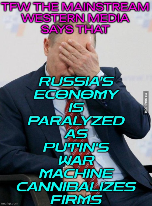 TFW the mainstream western media says that Russia's economy is paralyzed | TFW THE MAINSTREAM
WESTERN MEDIA
SAYS THAT; RUSSIA'S
ECONOMY
IS
PARALYZED
AS
PUTIN'S
WAR
MACHINE
CANNIBALIZES
FIRMS | image tagged in putin facepalm,economy,vladimir putin,good guy putin,russo-ukrainian war,msm lies | made w/ Imgflip meme maker