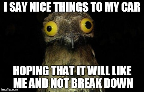 Weird Stuff I Do Potoo | I SAY NICE THINGS TO MY CAR HOPING THAT IT WILL LIKE ME AND NOT BREAK DOWN | image tagged in memes,weird stuff i do potoo,AdviceAnimals | made w/ Imgflip meme maker