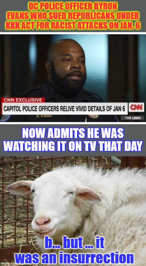Fedsurrection... a democrat gravy train... | DC POLICE OFFICER BYRON EVANS WHO SUED REPUBLICANS UNDER KKK ACT FOR RACIST ATTACKS ON JAN. 6; NOW ADMITS HE WAS WATCHING IT ON TV THAT DAY; b... but ... it was an insurrection | image tagged in sheepish grin,fedsurrection,democrat gravy train | made w/ Imgflip meme maker