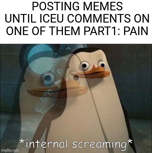 posting memes until iceu comments pt1 | POSTING MEMES UNTIL ICEU COMMENTS ON ONE OF THEM PART1: PAIN | image tagged in private internal screaming,pain,posting | made w/ Imgflip meme maker