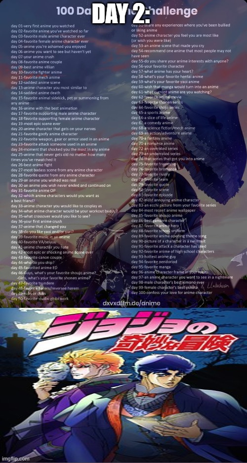 Day 2: JoJo's Bizarre Adventure | DAY 2: | image tagged in 100 day anime challenge | made w/ Imgflip meme maker