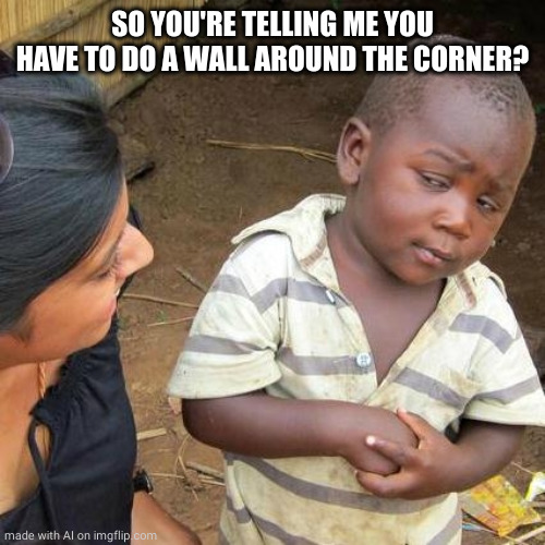 Third World Skeptical Kid | SO YOU'RE TELLING ME YOU HAVE TO DO A WALL AROUND THE CORNER? | image tagged in memes,third world skeptical kid | made w/ Imgflip meme maker