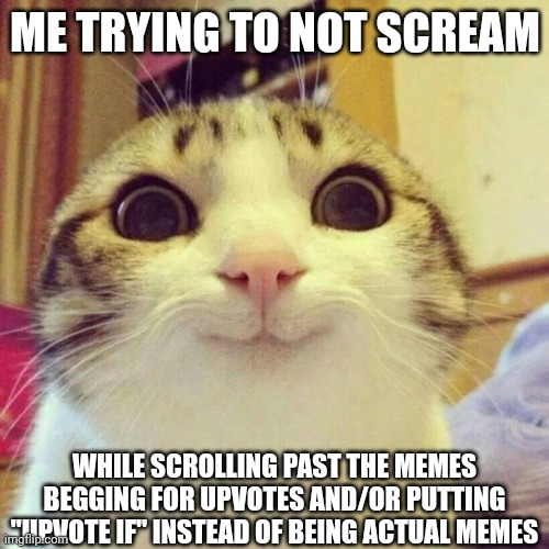 Stop begging. And stop posting "upvote if"s. We're tired of them. | ME TRYING TO NOT SCREAM; WHILE SCROLLING PAST THE MEMES BEGGING FOR UPVOTES AND/OR PUTTING "UPVOTE IF" INSTEAD OF BEING ACTUAL MEMES | image tagged in memes,smiling cat | made w/ Imgflip meme maker