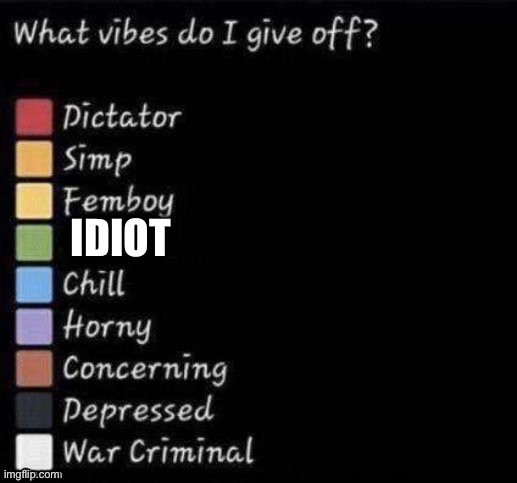 What vibes do I give off? | IDIOT | image tagged in what vibes do i give off | made w/ Imgflip meme maker