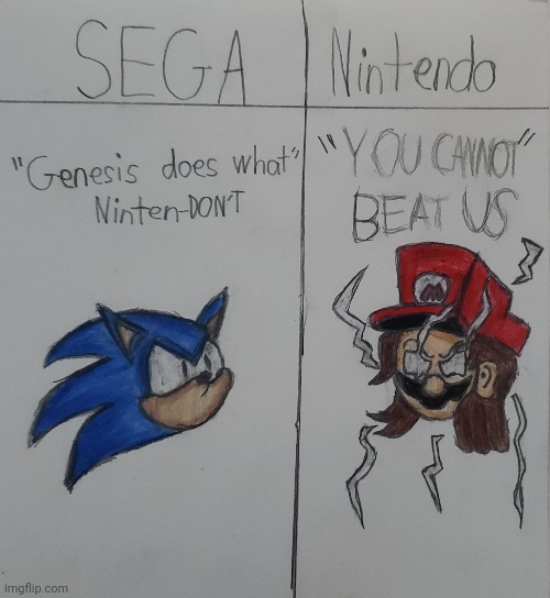 Video Game Campaigns Be Like | image tagged in nintendo,sega,mario,sonic the hedgehog,drawing | made w/ Imgflip meme maker
