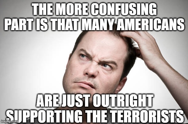 confused | THE MORE CONFUSING PART IS THAT MANY AMERICANS ARE JUST OUTRIGHT SUPPORTING THE TERRORISTS | image tagged in confused | made w/ Imgflip meme maker