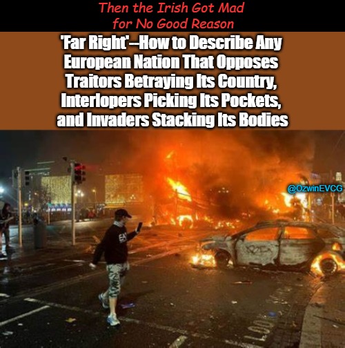 Memes for Ireland #01 | Then the Irish Got Mad 
for No Good Reason; 'Far Right'--How to Describe Any 

European Nation That Opposes 

Traitors Betraying Its Country, 

Interlopers Picking Its Pockets, 

and Invaders Stacking Its Bodies; @OzwinEVCG | image tagged in ireland rising,state media lies,dublin protests,corporate media lies,dublin riots,invasion of ireland | made w/ Imgflip meme maker