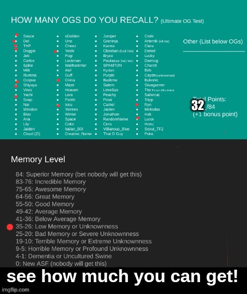 i know of quite a few for being on for just over a month | 32 | image tagged in ultimate og test | made w/ Imgflip meme maker