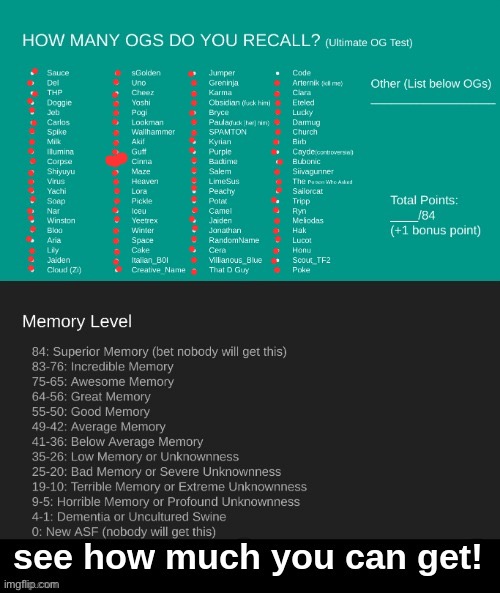 i’m too lazy to count the point and i got bored so i’m back for a minute | image tagged in ultimate og test | made w/ Imgflip meme maker