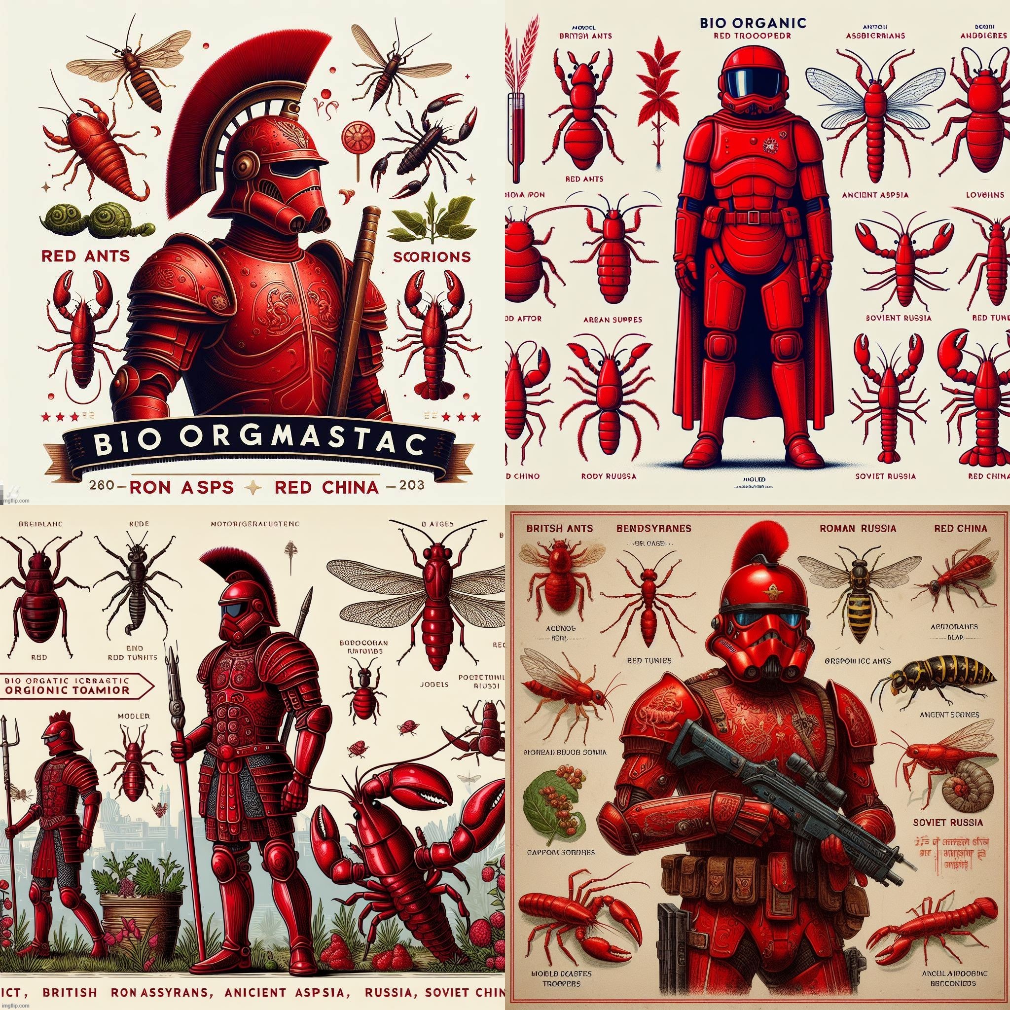 AI: BioOrganic Red Trooper armor, based on UK Redcoats, Assyrians, Romans, USSR/Red China, & ants, scorpions, wasps, lobsters | image tagged in ai generated,stormtroopers,insects,red,british,assyria | made w/ Imgflip meme maker