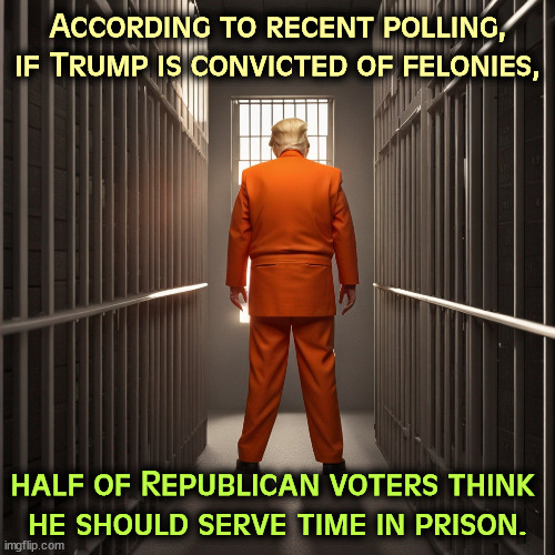 That's Republican voters saying Lock Him Up! | According to recent polling, if Trump is convicted of felonies, half of Republican voters think 
he should serve time in prison. | image tagged in trump,guilty,felonies,prison,jail,lock him up | made w/ Imgflip meme maker