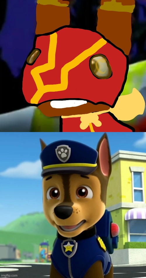 image tagged in super pretztail background,paw patrol chase shocked/scared | made w/ Imgflip meme maker