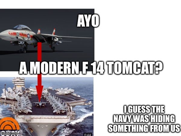 A modern F 14 tomcat? | AYO; A MODERN F 14 TOMCAT? I GUESS THE NAVY WAS HIDING SOMETHING FROM US | image tagged in us navy | made w/ Imgflip meme maker