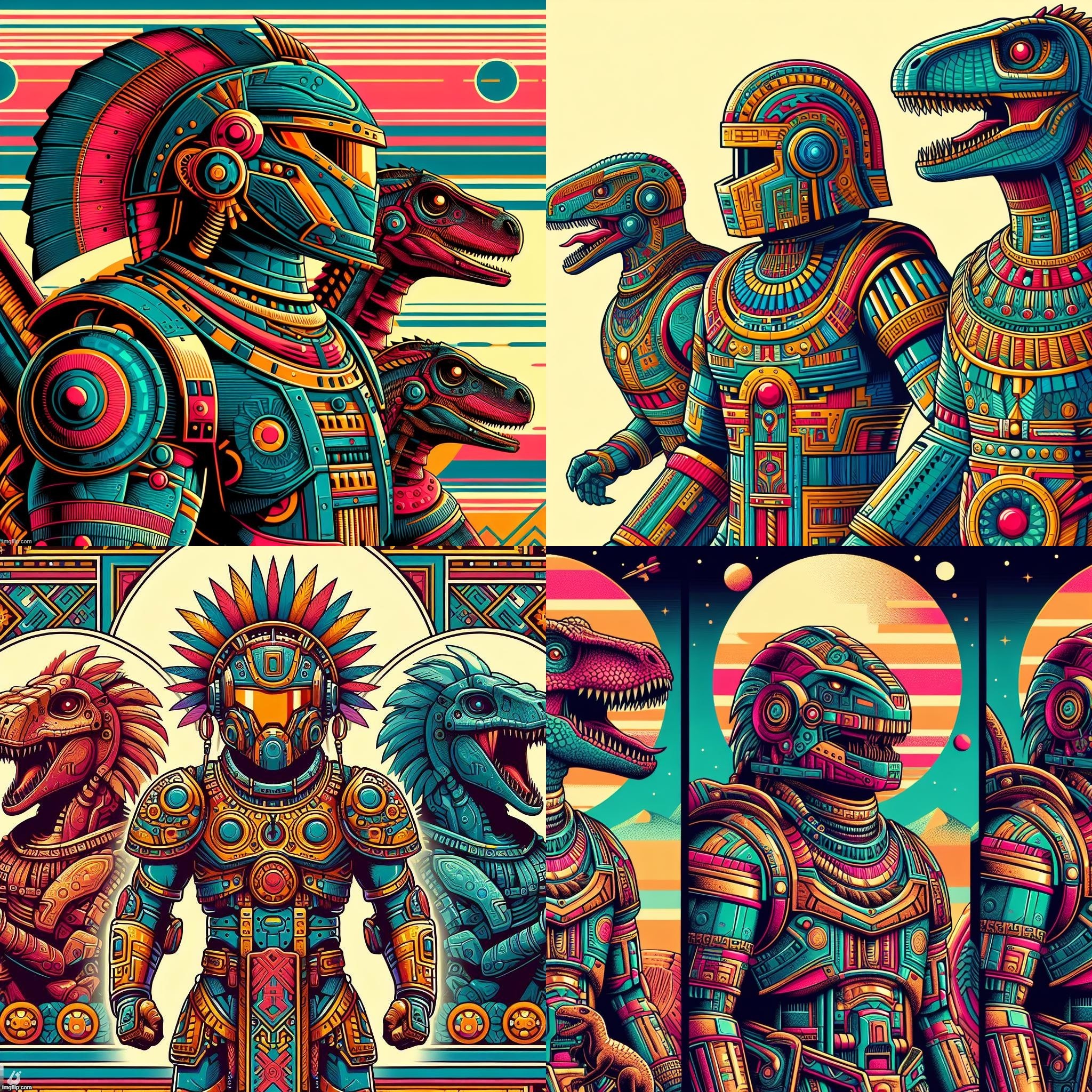 AI Bing: Retro Futuristic MesoAmerican, Mesopotamian, and Mesozoic themed armor worn by humanoid dinosaurs. So 90's. | image tagged in ai generated,dinosaurs,mesopotamian,mesoamerican,retro,armor | made w/ Imgflip meme maker