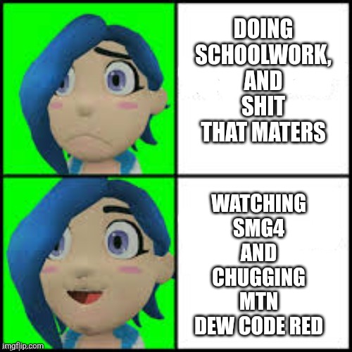 Tari hotline | WATCHING SMG4 AND CHUGGING MTN DEW CODE RED; DOING SCHOOLWORK, AND SHIT THAT MATERS | image tagged in tari hotline | made w/ Imgflip meme maker