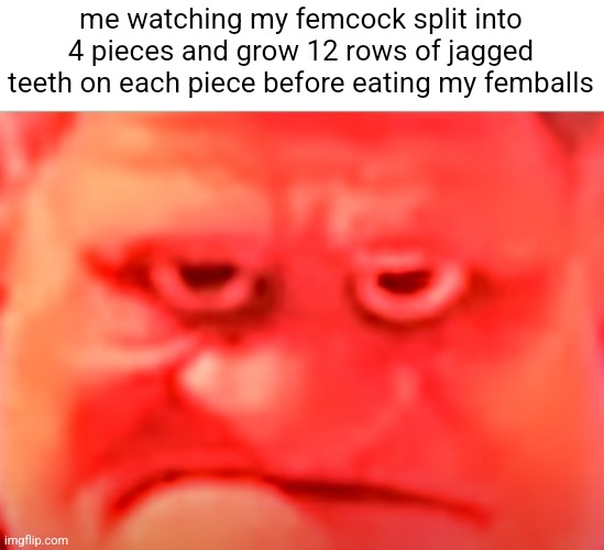 Average femcock moment | me watching my femcock split into 4 pieces and grow 12 rows of jagged teeth on each piece before eating my femballs | made w/ Imgflip meme maker