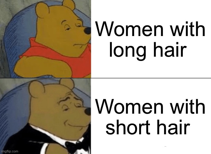 Tuxedo Winnie The Pooh | Women with long hair; Women with short hair | image tagged in memes,tuxedo winnie the pooh | made w/ Imgflip meme maker