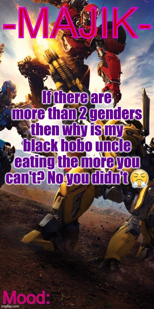 Majik Transformers Template | If there are more than 2 genders then why is my black hobo uncle eating the more you can't? No you didn't 😤 | image tagged in majik transformers template | made w/ Imgflip meme maker