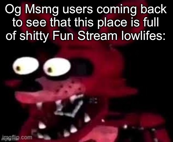 Foxy being surprised asf | Og Msmg users coming back to see that this place is full of shitty Fun Stream lowlifes: | image tagged in foxy being surprised asf | made w/ Imgflip meme maker