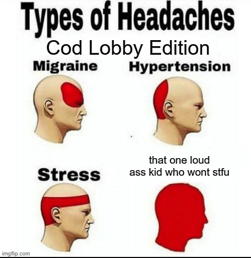 CoD Lobbies | Cod Lobby Edition; that one loud ass kid who wont stfu | image tagged in types of headaches meme | made w/ Imgflip meme maker