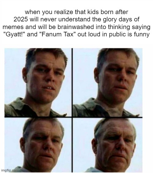 Pain, Just Pain... | when you realize that kids born after 2025 will never understand the glory days of memes and will be brainwashed into thinking saying "Gyatt!" and "Fanum Tax" out loud in public is funny | image tagged in matt damon gets older | made w/ Imgflip meme maker