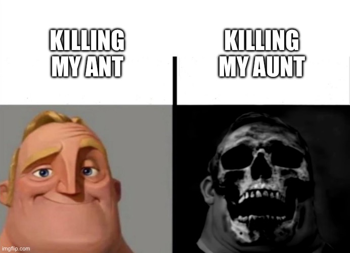 . | KILLING MY AUNT; KILLING MY ANT | image tagged in teacher's copy,memes,funny,mr incredible becoming uncanny | made w/ Imgflip meme maker