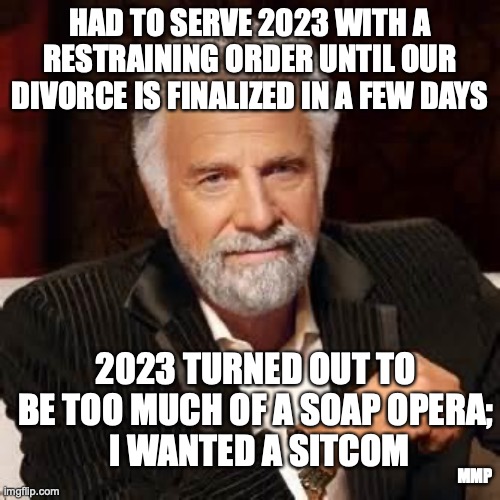 2023 divorce | HAD TO SERVE 2023 WITH A RESTRAINING ORDER UNTIL OUR DIVORCE IS FINALIZED IN A FEW DAYS; 2023 TURNED OUT TO BE TOO MUCH OF A SOAP OPERA;
 I WANTED A SITCOM; MMP | image tagged in dos equis guy awesome | made w/ Imgflip meme maker