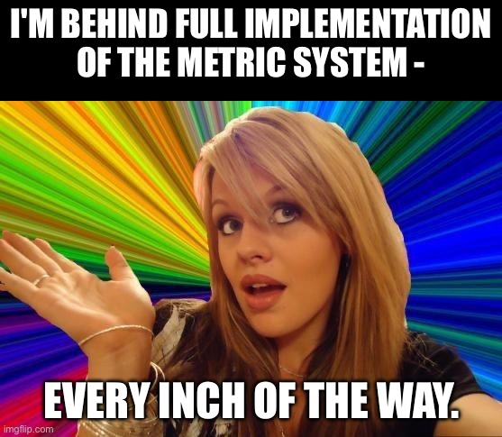 Metric | I'M BEHIND FULL IMPLEMENTATION OF THE METRIC SYSTEM -; EVERY INCH OF THE WAY. | image tagged in memes,dumb blonde | made w/ Imgflip meme maker