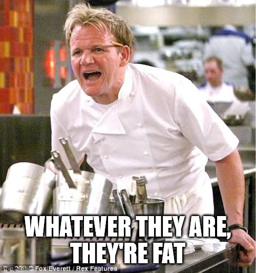 Chef Gordon Ramsay Meme | WHATEVER THEY ARE,
THEY'RE FAT | image tagged in memes,chef gordon ramsay | made w/ Imgflip meme maker