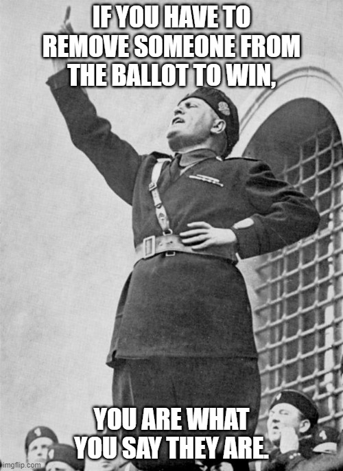 Mussolini | IF YOU HAVE TO REMOVE SOMEONE FROM THE BALLOT TO WIN, YOU ARE WHAT YOU SAY THEY ARE. | image tagged in mussolini,you are the facsist,leftist projection | made w/ Imgflip meme maker