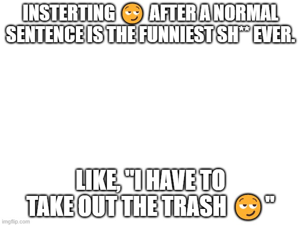 Haven't posted here in a while ? | INSTERTING 😏 AFTER A NORMAL SENTENCE IS THE FUNNIEST SH** EVER. LIKE, "I HAVE TO TAKE OUT THE TRASH 😏" | image tagged in dark humor,emoji,meme | made w/ Imgflip meme maker