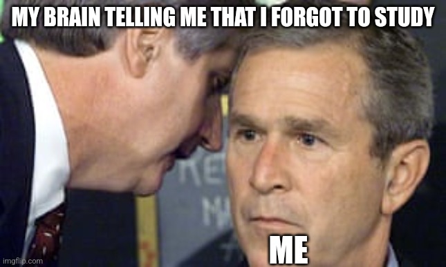 Luckily there's no reason to study I'm on winter break | MY BRAIN TELLING ME THAT I FORGOT TO STUDY; ME | image tagged in george bush 9/11 | made w/ Imgflip meme maker